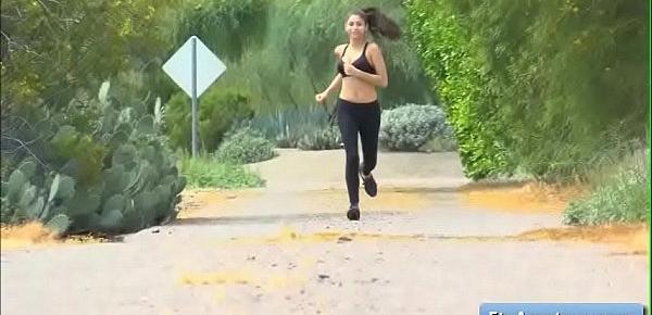  Sexy natural busty teen amateur goes for a run and fucks her pussy with a large banana in the street